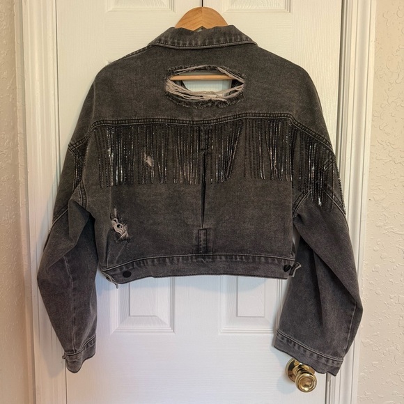 Blue B Distressed Black Denim Jacket Cropped M/L - Picture 4 of 8